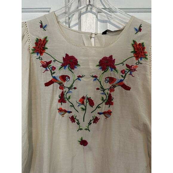 Zara Premium Collection Boho Dress Size XS Embroidered Floral Birds Peasant - Picture 2 of 10